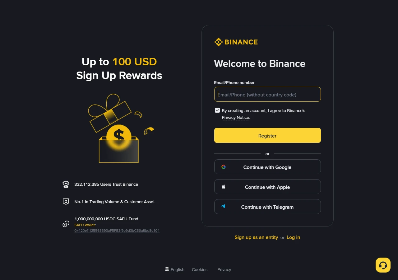 ໜ້າລົງທະບຽນຂອງ Binance ມີຊ່ອງ Email/Phone number ດຽວ ປຸ່ມ Register ແລະ ທາງເລືອກເຂົ້າສູ່ລະບົບຜ່ານ Google, Apple, Telegram