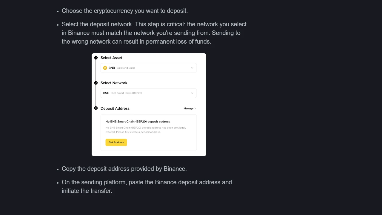 Binance 官方入出金指南中的充值操作畫面,依序顯示選擇資產、選擇 BSC 網路與取得充值地址
