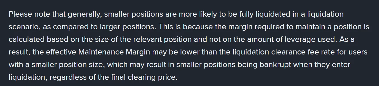 ຂໍ້ຄວາມໃນໜ້າ Binance Futures Liquidation Protocols ທີ່ບອກວ່າ ໂດຍທົ່ວໄປແລ້ວຕຳແໜ່ງຂະໜາດນ້ອຍມີແນວໂນ້ມຖືກບັງຄັບປິດທັງໝົດຫຼາຍກວ່າຕຳແໜ່ງຂະໜາດໃຫຍ່