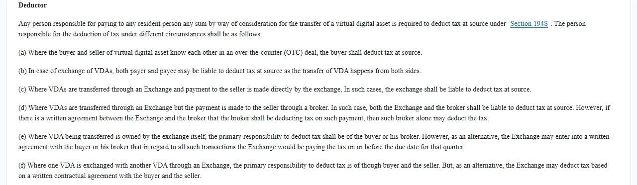 ఆదాయపు పన్ను శాఖ పేజీలోని 194S Deductor విభాగం, exchange ద్వారా VDA transfer అయినప్పుడు మరియు ఒక VDA ను మరొక VDA తో మార్చుకున్నప్పుడు ఎవరు TDS కట్ చేయాలో చెప్పే (a) నుంచి (f) వరకు పాయింట్లు