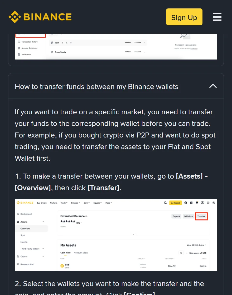 ໜ້າຊ່ວຍເຫຼືອ Binance ອະທິບາຍວ່າຊື້ຜ່ານ P2P ແລ້ວຕ້ອງໂອນເຂົ້າ Spot Wallet ກ່ອນຈຶ່ງຊື້ຂາຍໄດ້ ພ້ອມຮູບປຸ່ມ Transfer ໃນໜ້າ Assets