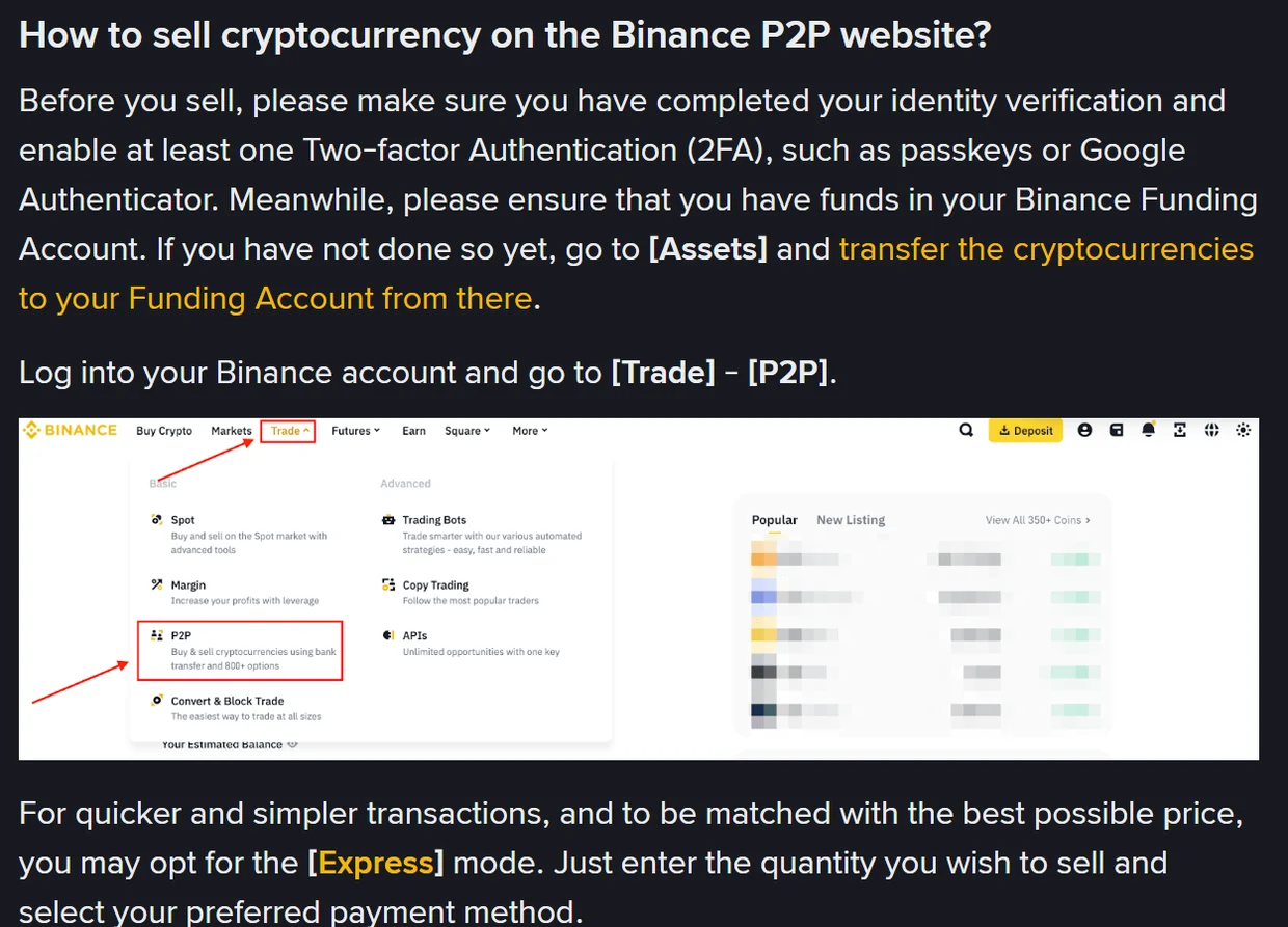 ໜ້າຊ່ວຍເຫຼືອທາງການຂອງ Binance ຫົວຂໍ້ວິທີຂາຍຄຣິບໂຕຜ່ານເວັບ P2P ຍໍ້ໜ້າທຳອິດລະບຸວ່າຕ້ອງຢືນຢັນຕົວຕົນ ເປີດ 2FA ແລະ ມີຍອດຢູ່ Binance Funding Account ກ່ອນຈຶ່ງຂາຍໄດ້