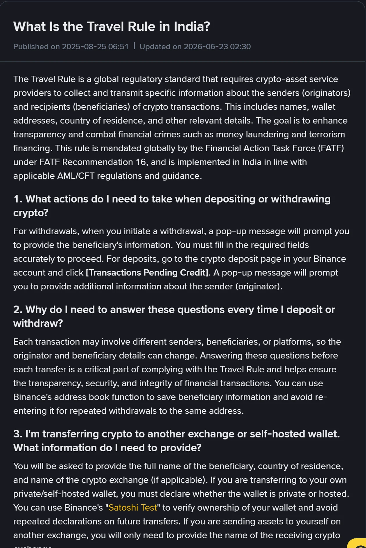 Binance India సహాయ పేజీ "What Is the Travel Rule in India?" స్క్రీన్షాట్ — పై భాగంలో నవీకరణ తేదీ 2026-06-23, కింద 1, 2, 3 ప్రశ్నలు: withdraw లో beneficiary సమాచారం అడిగే pop-up, ప్రతిసారీ ఎందుకు అడుగుతారు, ఏ వివరాలు ఇవ్వాలి