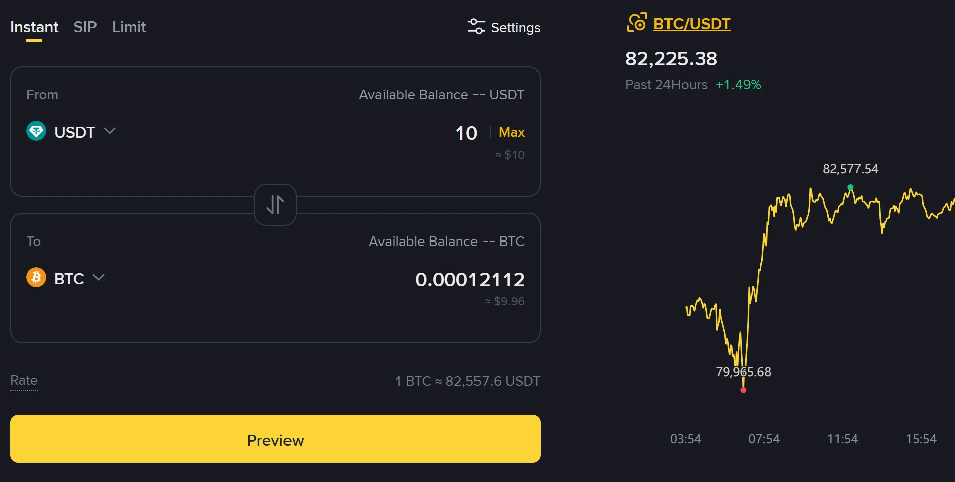 Binance Convert పేజీ: From గడిలో 10 USDT, To గడిలో 0.00012112 BTC (≈ $9.96), కింద Rate 1 BTC ≈ 82,557.6 USDT; కుడివైపు అదే పేజీ చార్టులో BTC/USDT ధర 82,225.38