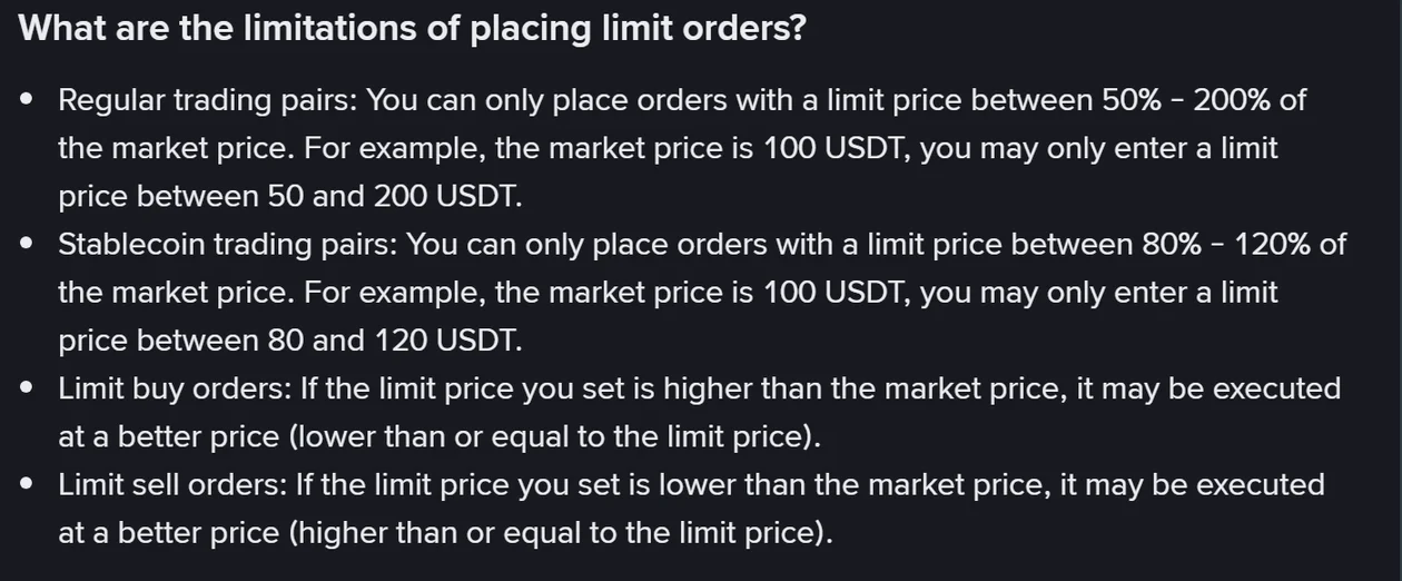 Binance సహాయ పేజీలో limit ఆర్డర్ పరిమితుల జాబితా — సాధారణ జతలకు మార్కెట్ ధరలో 50%–200%, stablecoin జతలకు 80%–120%