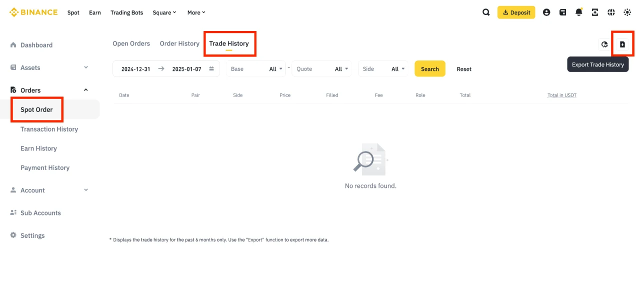 Binance 官方現貨訂單頁的 Trade History 分頁,紅框標示 Spot Order、Trade History 與 Export Trade History 按鈕