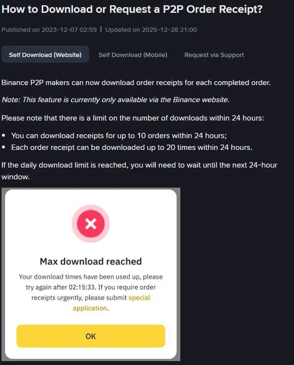 ໜ້າຊ່ວຍເຫຼືອ Binance ເລື່ອງໃບຮັບ P2P ສະແດງວັນອັບເດດ 2025-12-28, ໝາຍເຫດວ່າໃຊ້ໄດ້ສະເພາະເທິງເວັບ, ຂີດຈຳກັດ 10 ຄຳສັ່ງ ແລະ 20 ເທື່ອຕໍ່ 24 ຊົ່ວໂມງ ພ້ອມກ່ອງແຈ້ງເຕືອນ Max download reached