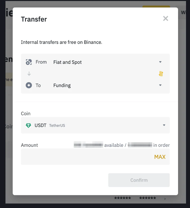 幣安官方說明頁中的 Transfer 轉帳視窗截圖,From 欄為 Fiat and Spot、To 欄為 Funding,幣種 USDT,視窗上方寫著 Internal transfers are free on Binance