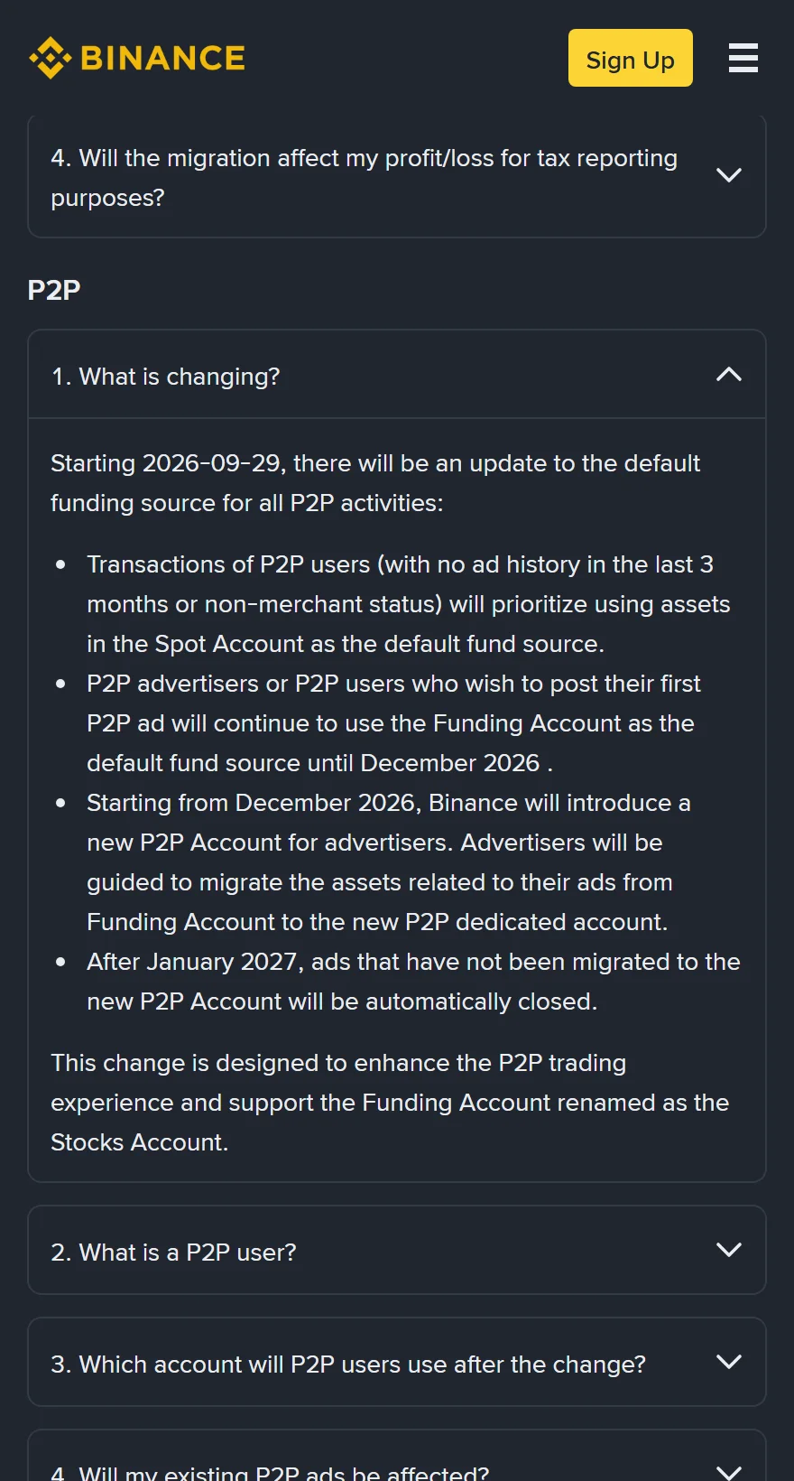 ຂໍ້ຄວາມທາງການຂອງ Binance ວ່າຕັ້ງແຕ່ 29 ກັນຍາ 2026 ຜູ້ໃຊ້ P2P ທົ່ວໄປຈະໃຊ້ເງິນໃນ Spot Account ເປັນແຫຼ່ງຕັ້ງຕົ້ນ