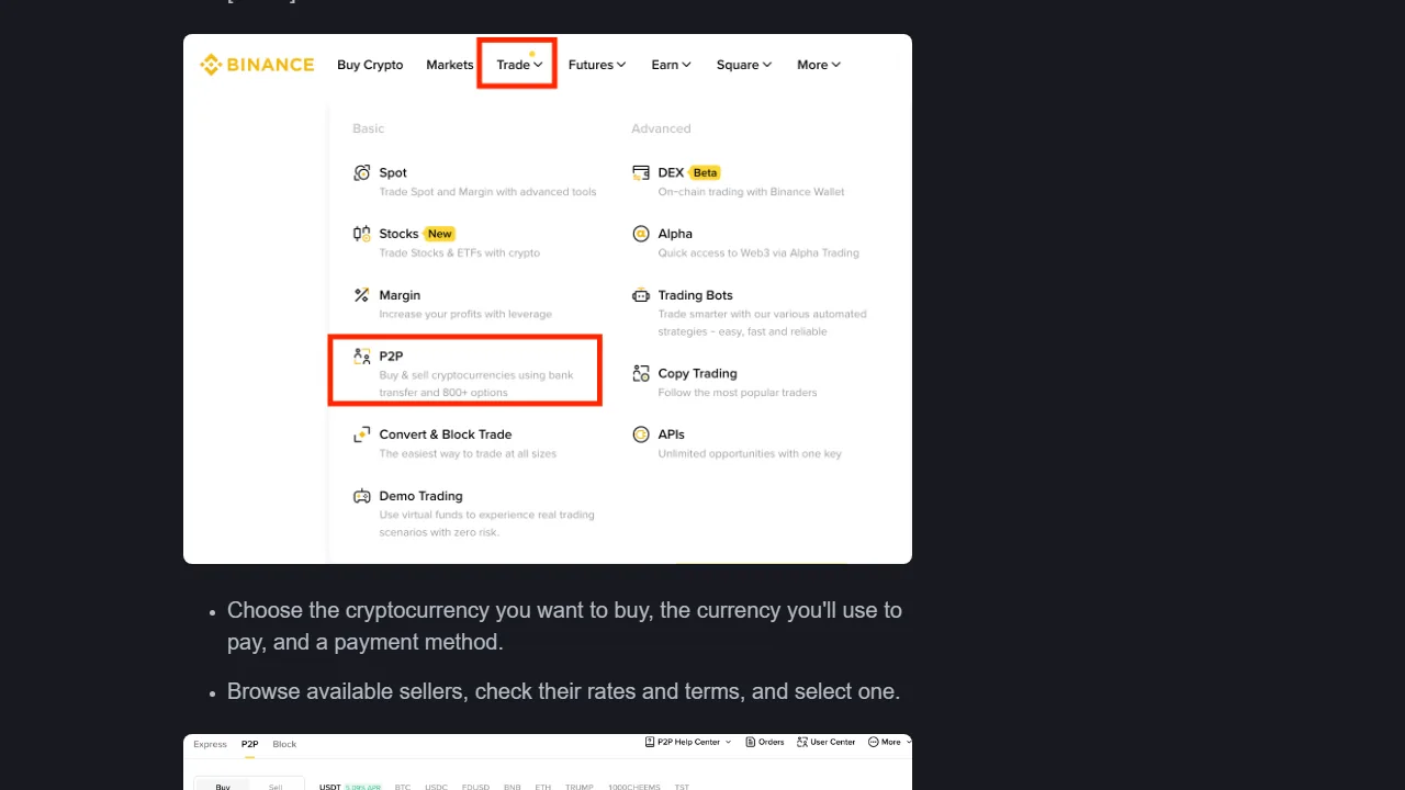Binance 官網 Trade 選單中的 P2P 入口，說明可用銀行轉帳等付款方式買賣加密資產