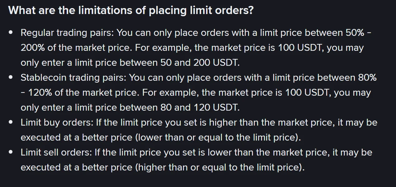 ໜ້າຊ່ວຍເຫຼືອ Binance ຫົວຂໍ້ What are the limitations of placing limit orders? ລະບຸຂອບເຂດ 50%–200% ສຳລັບຄູ່ທົ່ວໄປ ແລະ 80%–120% ສຳລັບຄູ່ສະເຕເບິນຄອຍ