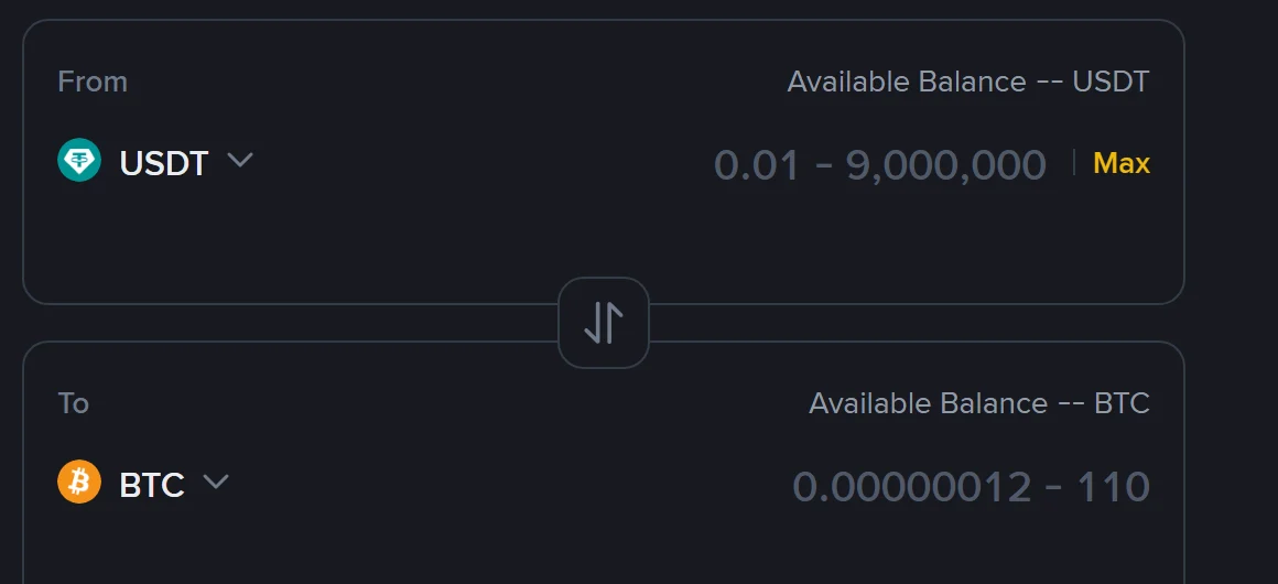 Binance Convert పేజీలో ఖాళీ ఫారం — From గడిలో USDT కి "0.01 - 9,000,000", To గడిలో BTC కి "0.00000012 - 110" అనే పరిమితి సూచన