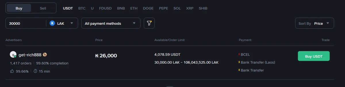 ໜ້າ P2P ຂອງ Binance ເມື່ອໃສ່ 30,000 ກີບ ເຫຼືອປະກາດດຽວ ລາຄາ ₭26,000