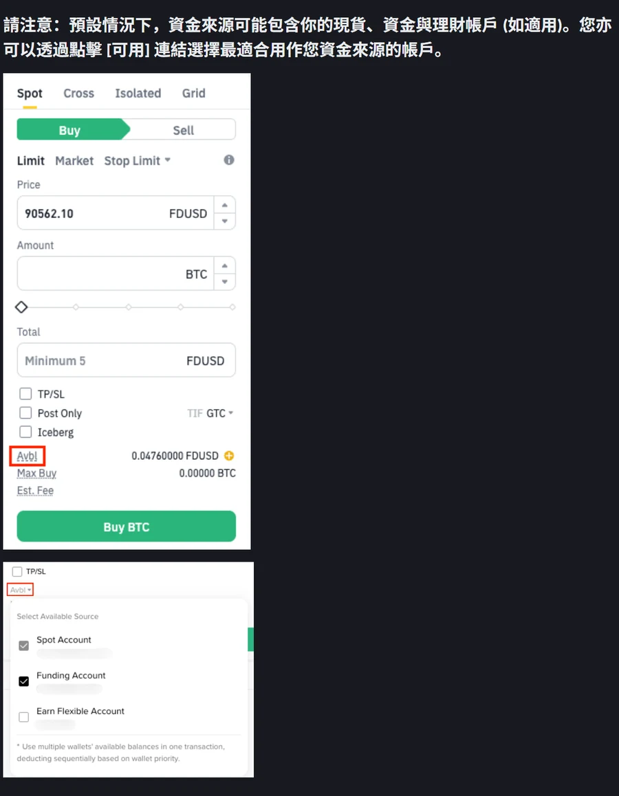 幣安現貨交易說明頁的資金來源註記,以及下方兩張操作圖:下單框中被框起的 Avbl 連結,和展開後的 Select Available Source 選單,列出 Spot Account、Funding Account、Earn Flexible Account 三個可勾選項目