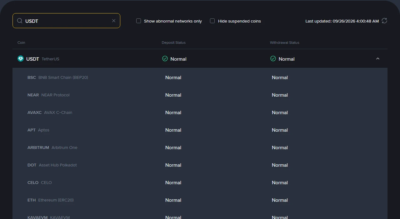 ໜ້າ Deposit & Withdrawal Status ຂອງ Binance ຄົ້ນຫາ USDT ແລ້ວກາງແຖວອອກ ສະແດງສະຖານະ Normal ຂອງແຕ່ລະເຄືອຂ່າຍ ເຊັ່ນ BEP20, Arbitrum One ແລະ ERC20