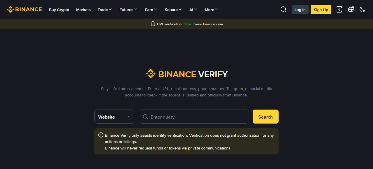 Binance Verify పేజీ: Website ఎంపిక, Enter query search box, Binance Verify only assists identity verification మరియు Binance will never request funds or tokens via private communications అనే హెచ్చరిక