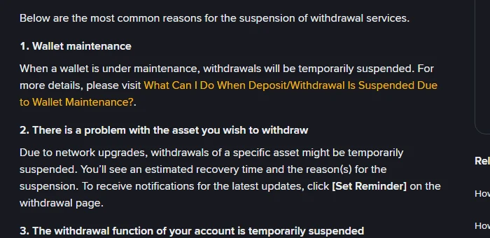 ໜ້າຊ່ວຍເຫຼືອ Binance ອະທິບາຍສາມສາເຫດຂອງການລະງັບການຖອນ: wallet maintenance, ບັນຫາຂອງຕົວຫຼຽນ ແລະ ການລະງັບໜ້າທີ່ຖອນຂອງບັນຊີ