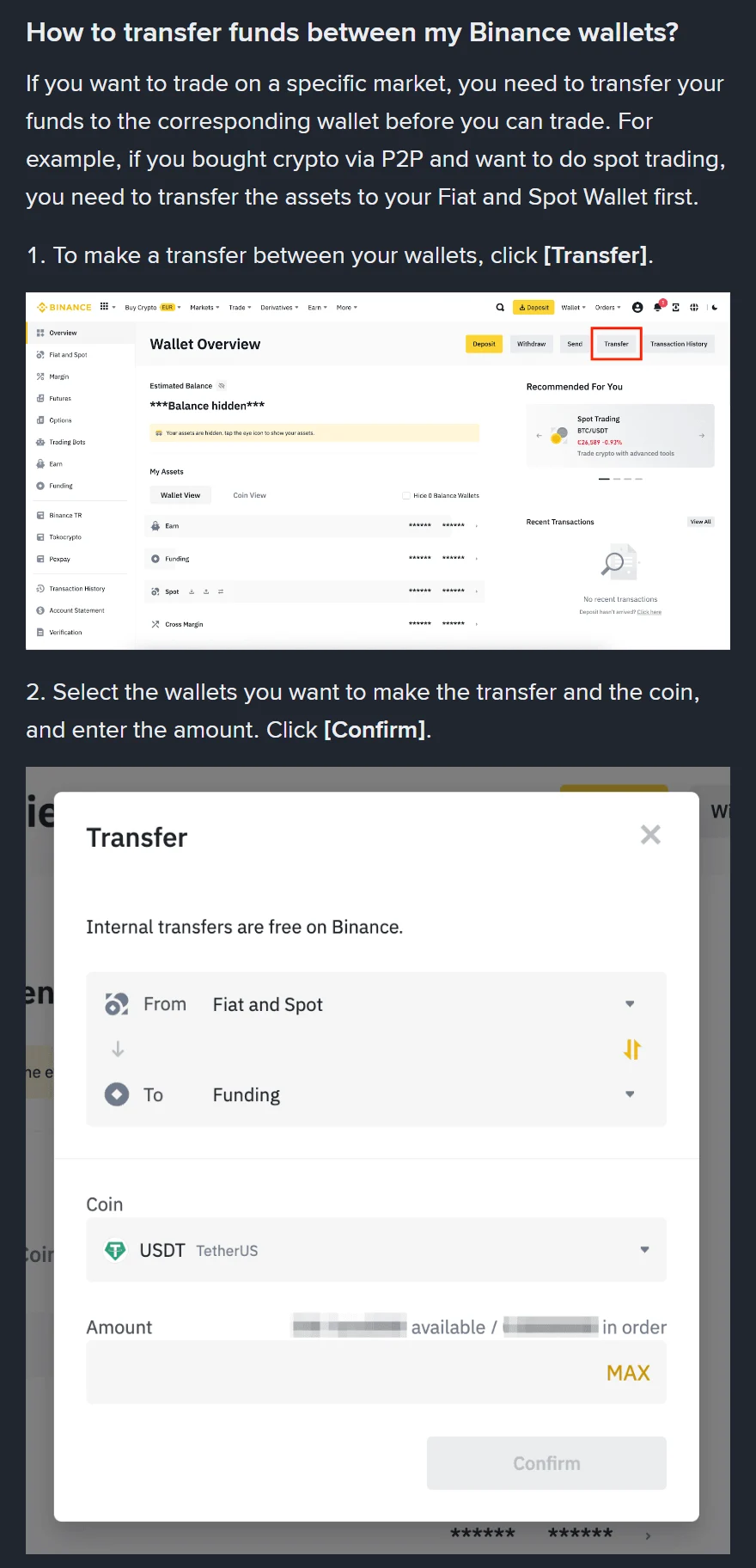 Binance సహాయ పేజీలోని How to transfer funds between my Binance wallets విభాగం; Wallet Overview పేజీలో ఎరుపు పెట్టెతో గుర్తు పెట్టిన Transfer బటన్, దాని కింద Transfer విండో — From Fiat and Spot, To Funding, Coin USDT, పైన Internal transfers are free on Binance అనే వాక్యం