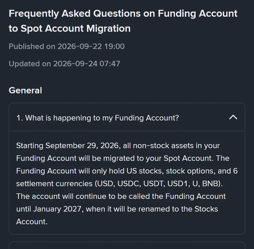 Binance సహాయ కేంద్రం en-IN పేజీ Frequently Asked Questions on Funding Account to Spot Account Migration, Published on 2026-09-22 19:00 మరియు Updated on 2026-09-24 07:47 తేదీలతో, General విభాగంలో మొదటి ప్రశ్న What is happening to my Funding Account విప్పి చూపిన స్క్రీన్‌షాట్