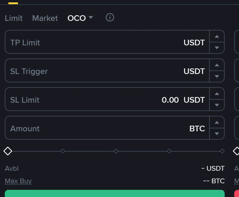 Binance Spot ట్రేడ్ పేజీలో OCO ఫారం — TP Limit, SL Trigger, SL Limit అనే మూడు ధర గడులు, కింద ఒకే Amount గడి