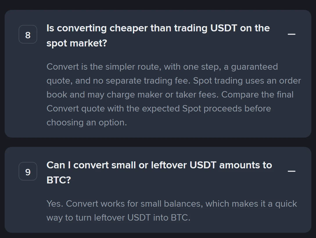 Binance Convert పేజీలోని ప్రశ్నల విభాగం — 8వ ప్రశ్న "Is converting cheaper than trading USDT on the spot market?" కింద Convert కోట్ను Spot తో పోల్చమని చెప్పే జవాబు, 9వ ప్రశ్న కింద చిన్న బ్యాలెన్స్లకూ Convert పనిచేస్తుందన్న జవాబు