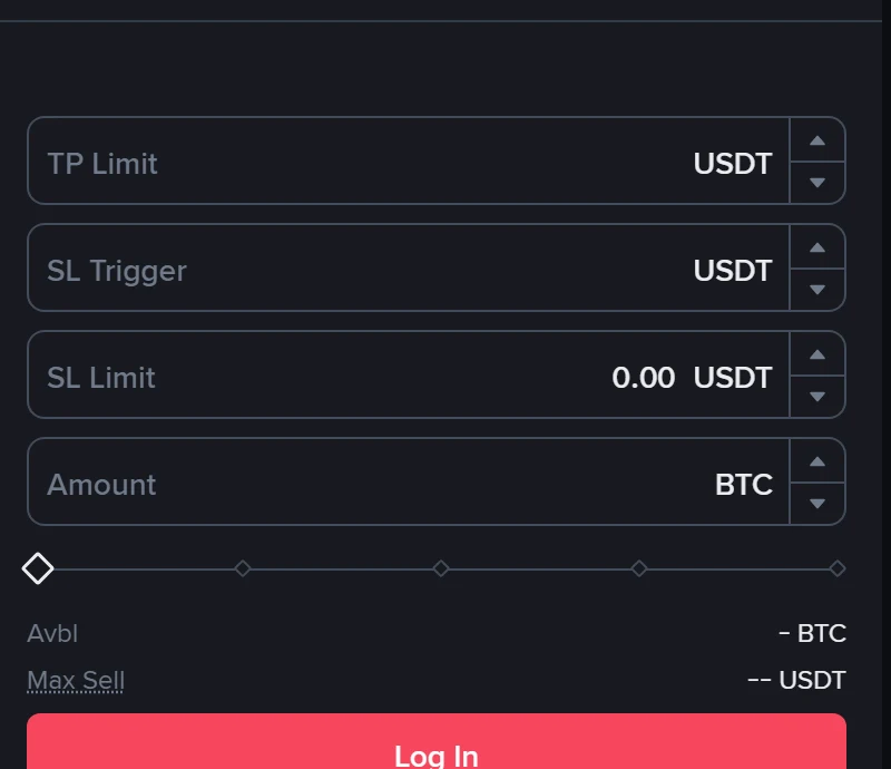 ແບບຟອມ OCO ຝັ່ງຂາຍໃນໜ້າ Spot ຂອງ Binance ມີຊ່ອງລາຄາ TP Limit, SL Trigger ແລະ SL Limit ແຕ່ມີຊ່ອງ Amount ດຽວ