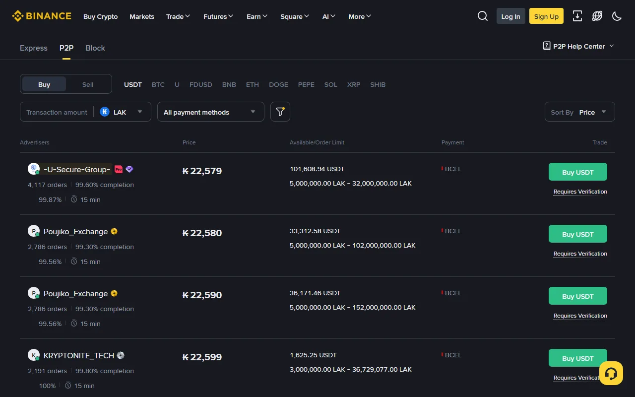 ໜ້າ Binance P2P ແຖບ Buy USDT ໂດຍໃຊ້ສະກຸນ LAK: ລາຍການຜູ້ຂາຍສະແດງລາຄາ 22,579 ຫາ 22,599 ກີບຕໍ່ USDT, ຊ່ອງທາງຊຳລະ BCEL ແລະ ວົງເງິນຄຳສັ່ງເລີ່ມແຕ່ 3,000,000 ຫາ 5,000,000 ກີບ