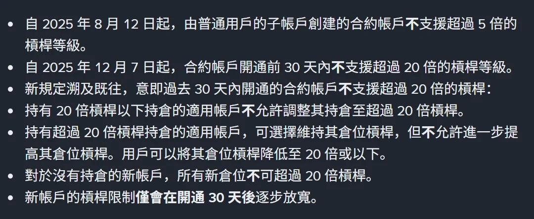 幣安繁體中文說明頁的條列,第一條寫「自 2025 年 8 月 12 日起,由普通用戶的子帳戶創建的合約帳戶不支援超過 5 倍的槓桿等級」,第二條寫「自 2025 年 12 月 7 日起,合約帳戶開通前 30 天內不支援超過 20 倍的槓桿等級」,後面幾條說明新規定溯及既往